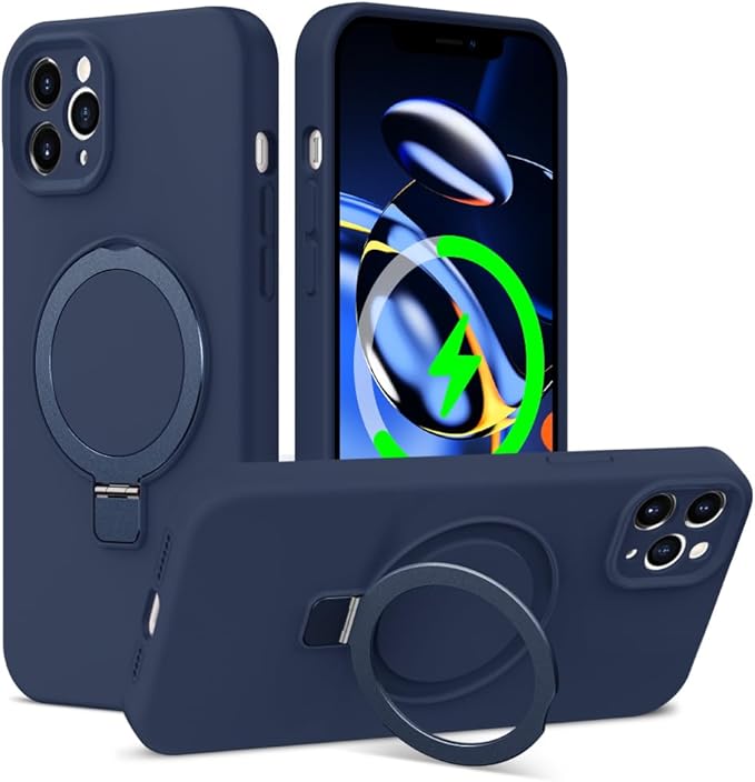 ZHK Liquid Silicone Designed for iPhone 12 pro Case with Magnet Stand, [Precise Camera Lens Protection][Mil-Grade Drop Shockproof][Soft Anti-Scratch Microfiber Lining] Slim Fit Cover, Navy Blue