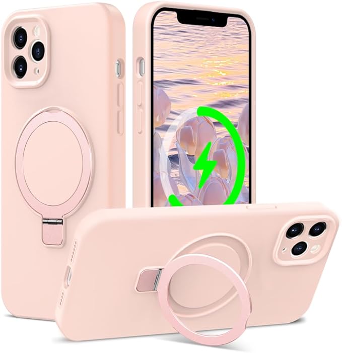 ZHK Liquid Silicone Designed for iPhone 12 pro max Case with Magnet Stand, [Precise Camera Lens Protection][Mil-Grade Drop Shockproof][Soft Anti-Scratch Microfiber Lining] Slim Fit Cover, Pink