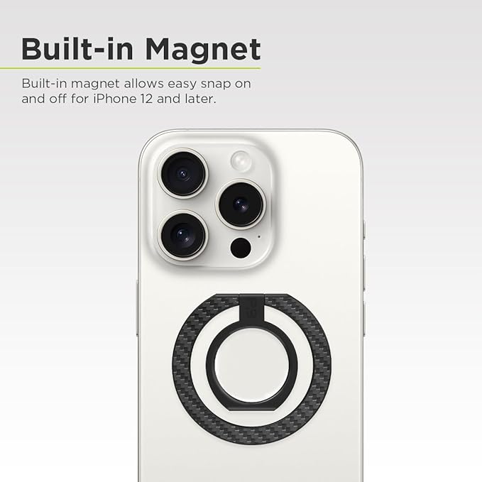 PureGear Magnetic Phone Grip Ring Stand, Magnetic Phone Ring Holder for MagSafe iPhone 16, 16 Pro, 16 Plus, 16 Pro Max, 15, 15 Plus, 14, 14 Pro, 14 Pro Max, 13, 12, Adjustable Kickstand(Carbon Fiber)