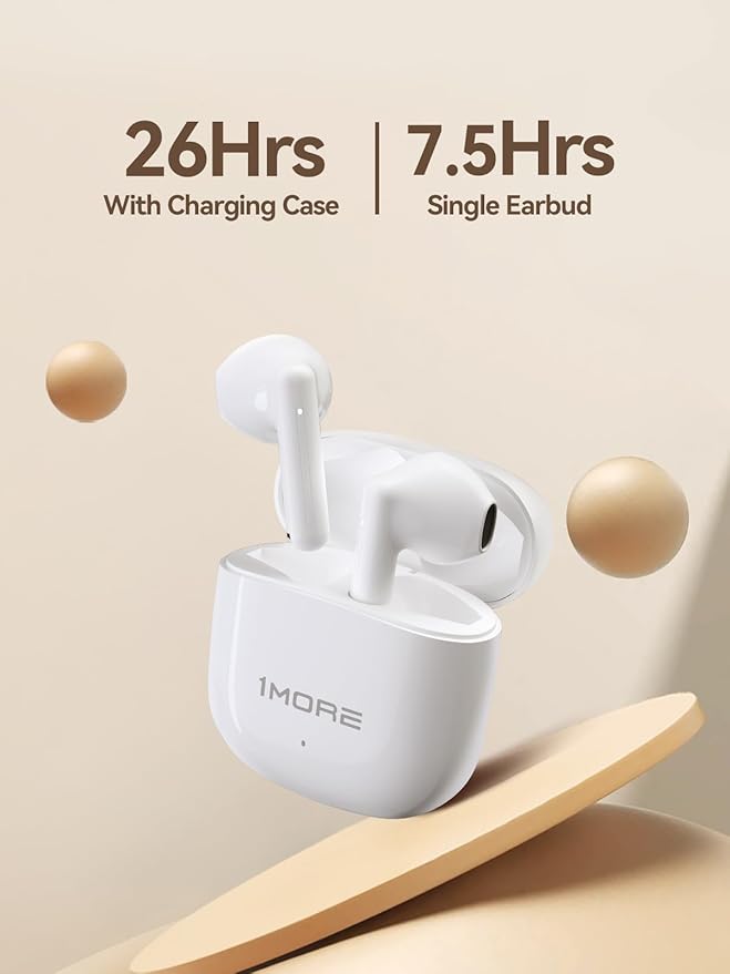 1MORE Q10 Wireless Earbuds, Bluetooth 5.3 Half in-Ear Lightweight Ear Buds, Comfort Fit, Deep Bass Stereo Headphones with Dual Mics, 26H Playtime, one Step-Pairing, IPX4 Waterproof Earphones, White