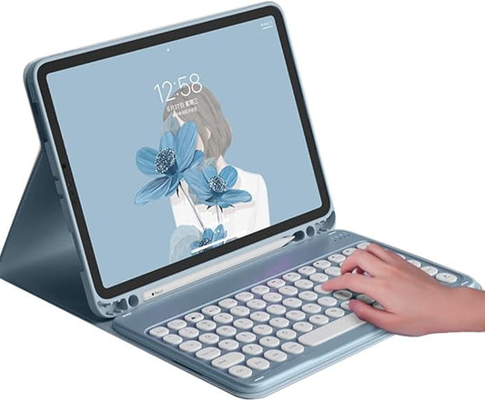 HENGHUI Keyboard Case for Galaxy Tab S9 11 inch Cute Round Key Color Keyboard Wireless Detachable BT Keyboard Cover with S Pen Holder (MistyBlue)