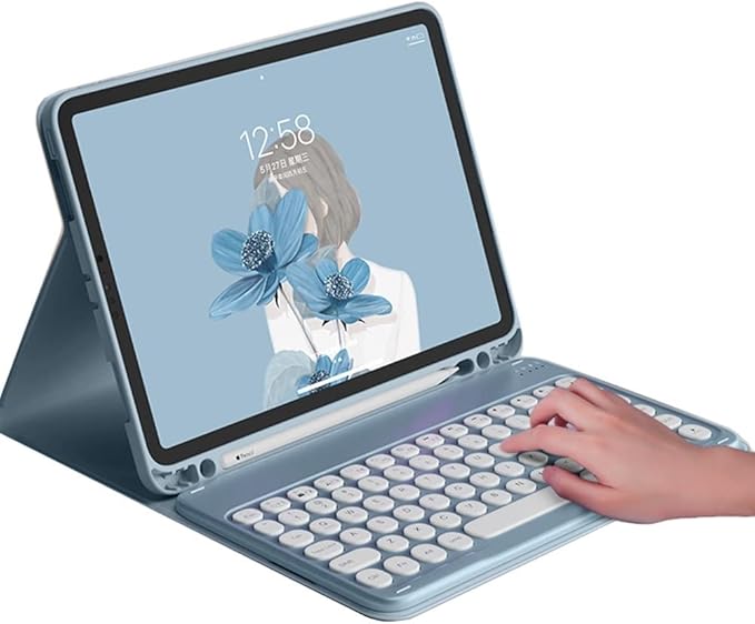 Keyboard Case for Samsung Galaxy Tab S10 Plus/Tab S9 Plus 5G Tablet 12.4'' Cute Round Key Color Keyboard Wireless Detachable BT Keyboard Cover with S Pen Holder (MistyBlue)