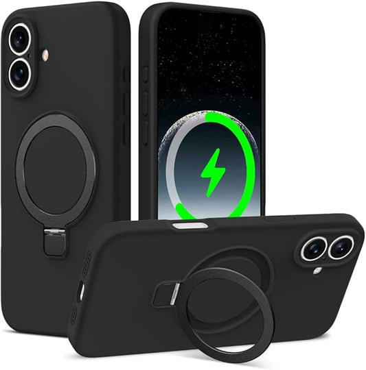 ZHK Liquid Silicone Designed for iPhone 16 Plus Case with Magnet Stand, [Precise Camera Lens Protection][Mil-Grade Drop Shockproof][Soft Anti-Scratch Microfiber Lining] Slim Fit Cover, Black
