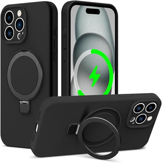 ZHK Liquid Silicone Designed for iPhone 15 pro Case with Magnet Stand, [Precise Camera Lens Protection][Mil-Grade Drop Shockproof][Soft Anti-Scratch Microfiber Lining] Slim Fit Cover, Black