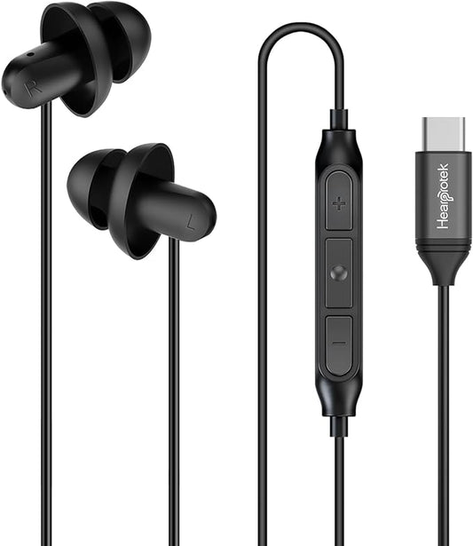 Hearprotek Sleep Earbuds, USB C Earphones Headphones with Microphone-Silicone Noise Isolation Type C Earbuds Sleep Buds for Android Phone, Ideal for Sleeping, snoring, Relaxation, Air Travel (Black)