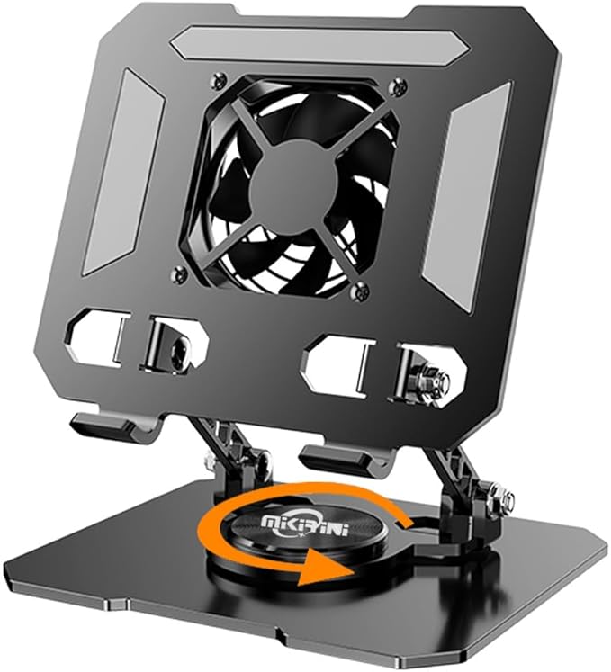 360° Rotating Tablet Desk Stand Holder with USB Cooler，Carbon Steel Frame Dual Rod Mount Support for iPad Pro 13 12 11 Air Mini 5 4 3 Samsung Tab E-Reader (Black with Built-in Cooler)