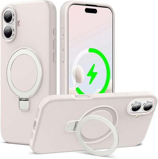 ZHK Liquid Silicone Designed for iPhone 17 Case with Magnet Stand, [Precise Camera Lens Protection][Mil-Grade Drop Shockproof][Soft Anti-Scratch Microfiber Lining] Slim Fit Cover, Beige