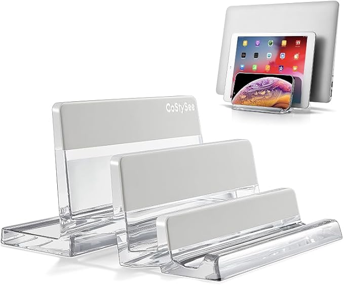 3-Slot Vertical Laptop Stand Laptop Holder for Desk Made of Premium Acrylic to Space-Saving for All Laptop/MacBook/Tablet/Phone (Transparent)