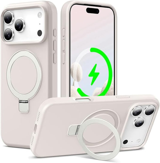 ZHK Liquid Silicone Designed for iPhone 17 Pro Max Case with Magnet Stand, [Precise Camera Lens Protection][Mil-Grade Drop Shockproof][Soft Anti-Scratch Microfiber Lining] Slim Fit Cover, Beige