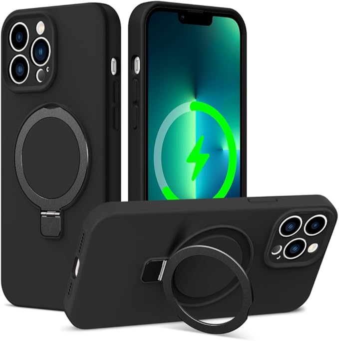 ZHK Liquid Silicone Designed for iPhone 13 pro max Case with Magnet Stand, [Precise Camera Lens Protection][Mil-Grade Drop Shockproof][Soft Anti-Scratch Microfiber Lining] Slim Fit Cover, Black