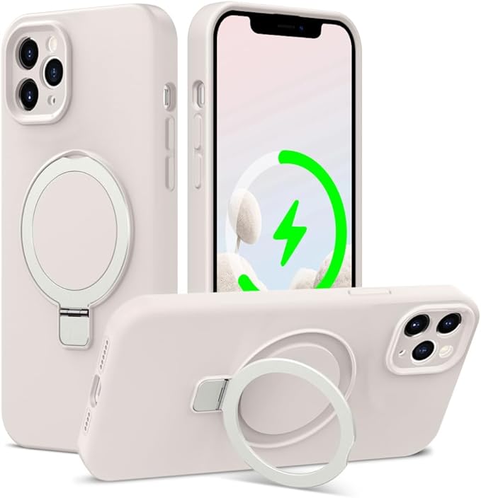 ZHK Liquid Silicone Designed for iPhone 11 pro max Case with Magnet Stand, [Precise Camera Lens Protection][Mil-Grade Drop Shockproof][Soft Anti-Scratch Microfiber Lining] Slim Fit Cover, Beige