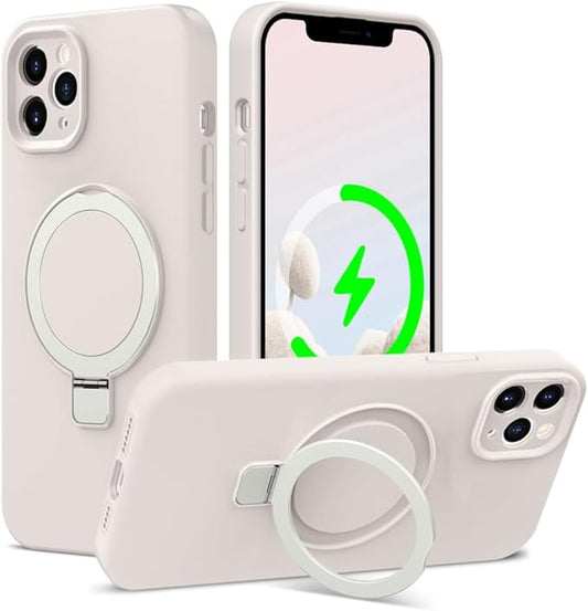 ZHK Liquid Silicone Designed for iPhone 12 pro Case with Magnet Stand, [Precise Camera Lens Protection][Mil-Grade Drop Shockproof][Soft Anti-Scratch Microfiber Lining] Slim Fit Cover, Beige