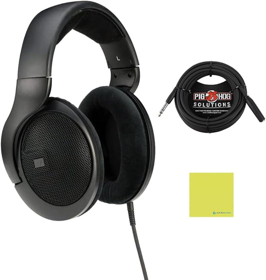 Liquid Audio Sennheiser HD 400 PRO Open-Back Dynamic Headphones in Black, Bundle w/Pig Hog PHX14-25 1/4" Headphone Extension Cable Polishing Cloth
