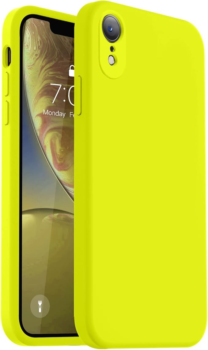 Vooii Compatible with iPhone XR Case, Upgraded Liquid Silicone with [Flat Edges] [Camera Protection] [Soft Anti-Scratch Microfiber Lining] Phone Case for iPhone 10 XR 6.1 inch - Neon Lemon