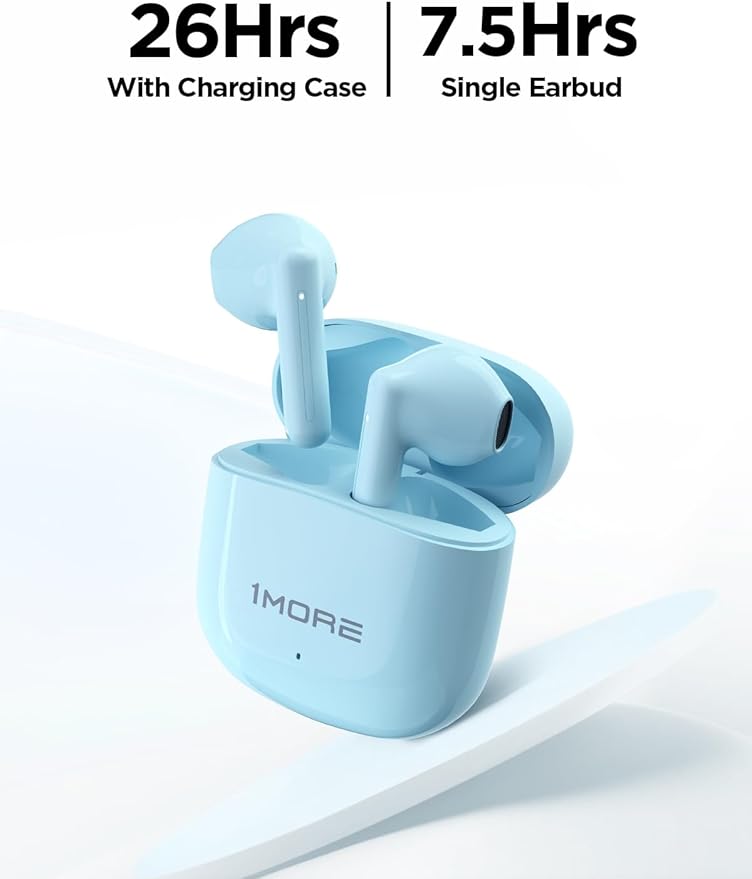 1MORE Q10 Wireless Ear Buds, Bluetooth 5.3 Half in-Ear Wireless Earbuds with Charging Case, Deep Bass Stereo Headphones, Dual Mics, 26H Playtime, one Step-Pairing, IPX4 Waterproof Earphones, Blue