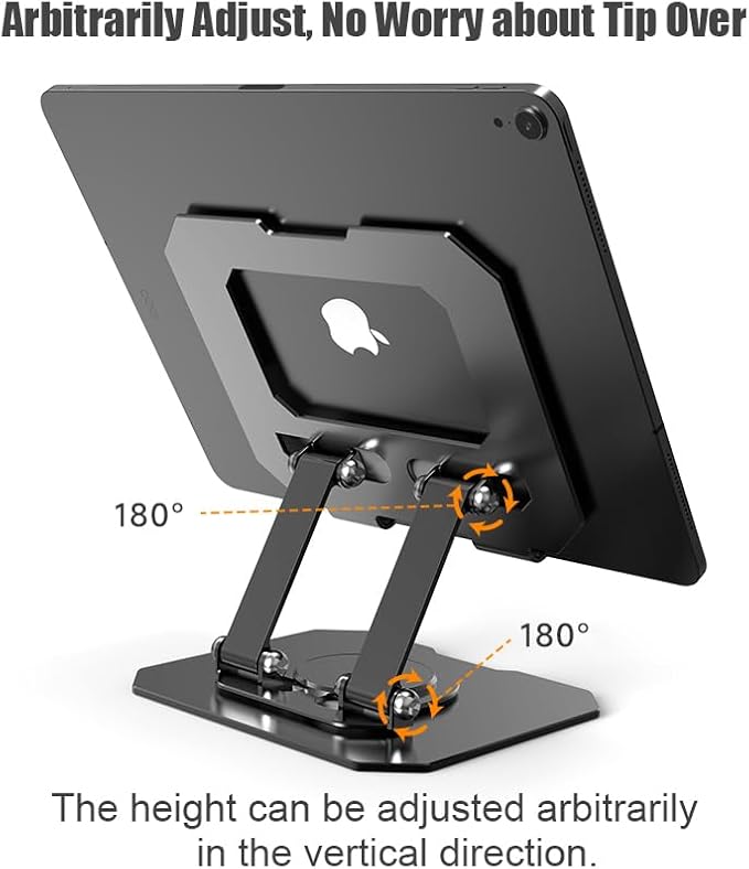 Dual 360° Rotating Tablet Stand Holder for Desk with Carbon Steel Base, Table Tablet Support with Dual Rod Adjustable Compatible for iPad Pro 13 12 11 Air Mini 5 4 3 (Black)
