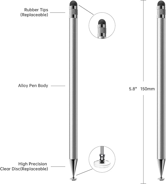 Bopomofo Stylus (5 Pcs), 2-in-1 Stylus Pen for Touchscreen, High Precision and Sensitivity, Suitable for iPhone/ipad/Android Tablets, Compatible with All Touch Screens,Silver