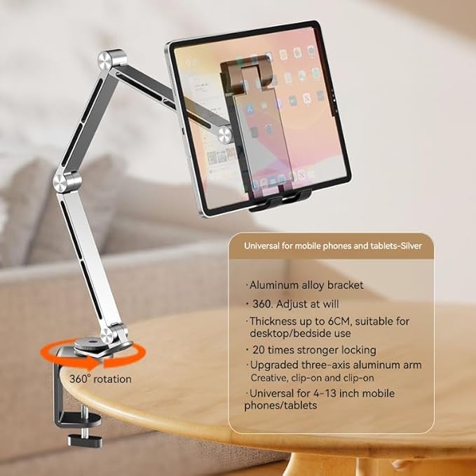 Rotatable Holder Stand Tablet Holder Multi-Angle Design Phone Clip Swivel Mount Desktop Aluminum Alloy Cantilever Bed Desk Home Live Folding Bracket Compatible with 4"-13" Phone Tablet (Silver)
