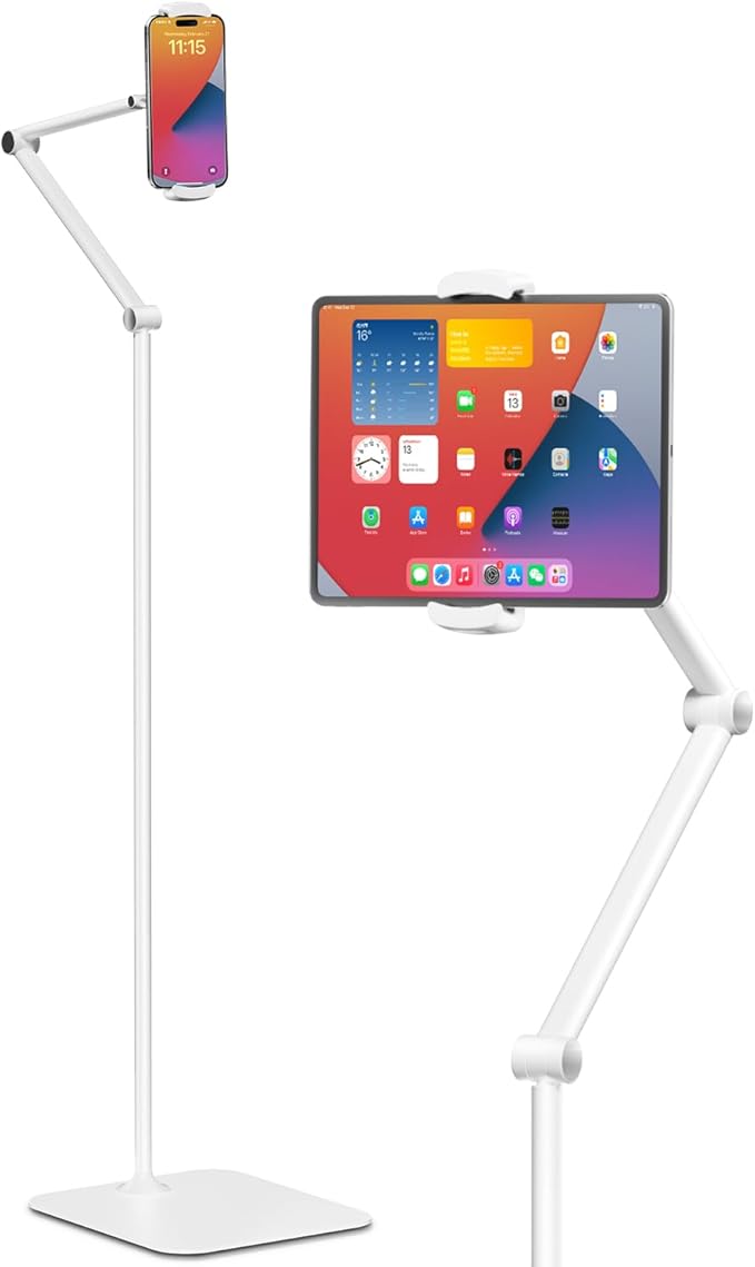 Viozon Tablet Floor Stand Holder, Compatible with 4.7"-13" Phone/Tablet, iPhone 15 Plus/Pro Max iPad,Kindle, 68" Phone Stand, Aluminum Alloy, Universal 360° Rotatable,for Bed,Sofa,Desk,White