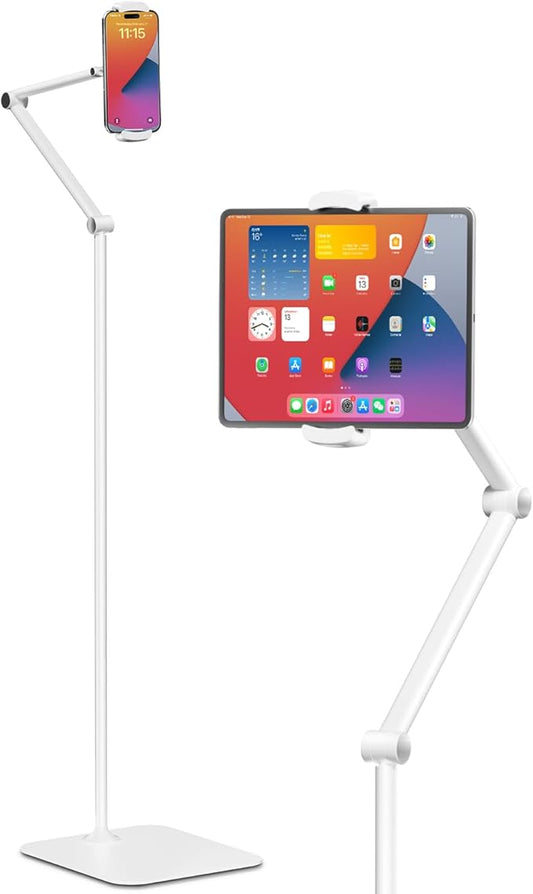Viozon Tablet Floor Stand Holder, Compatible with 4.7"-13" Phone/Tablet, iPhone 15 Plus/Pro Max iPad,Kindle, 68" Phone Stand, Aluminum Alloy, Universal 360° Rotatable,for Bed,Sofa,Desk,White