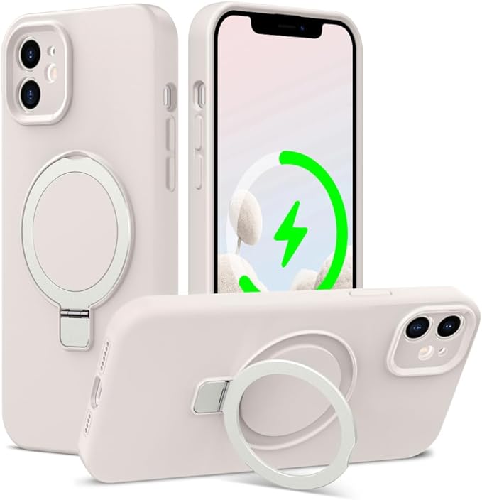 ZHK Liquid Silicone Designed for iPhone 12 Case with Magnet Stand, [Precise Camera Lens Protection][Mil-Grade Drop Shockproof][Soft Anti-Scratch Microfiber Lining] Slim Fit Cover, Beige