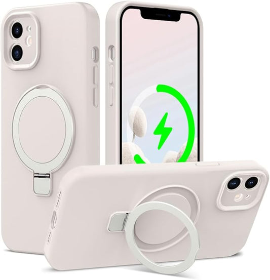 ZHK Liquid Silicone Designed for iPhone 12 Case with Magnet Stand, [Precise Camera Lens Protection][Mil-Grade Drop Shockproof][Soft Anti-Scratch Microfiber Lining] Slim Fit Cover, Beige