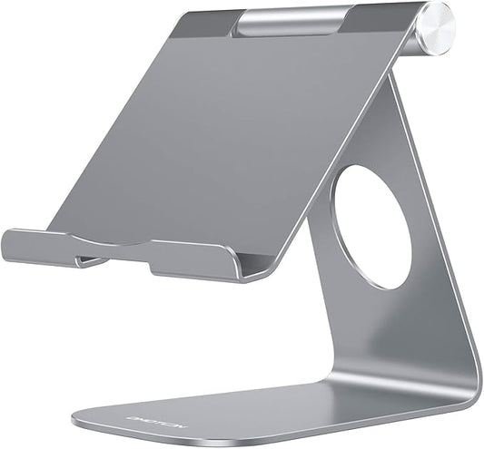 OMOTON Tablet Stand Holder Angle Adjustable, T1 Desktop Aluminum Tablet Dock Cradle Compatible with iPad Air/Mini/Pro 11/12.9, iPad 10.2, Samsung Tab and More UP to 12.9'', Grey