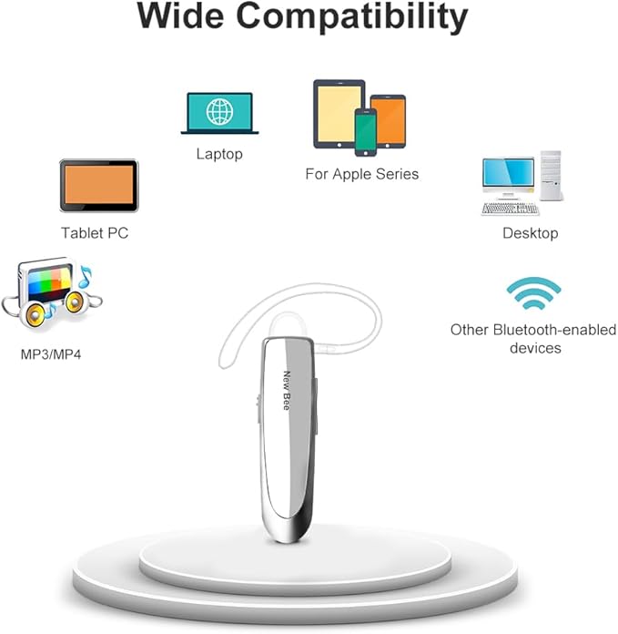 New bee [2 Pack] Bluetooth Earpiece V5.0 Wireless Handsfree Headset 24 Hrs Driving 60 Days Standby Time with Bluetooth Headset for iPhone Android Laptop Truck Driver(White)