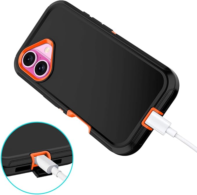for iPhone 16 Plus Case Shockproof Dust/Drop Proof 3-Layer Full Body Protection [Without Screen Protector] Rugged Heavy Duty Cover Case for Apple iPhone 16 Plus 6.7" 2024,Black/Orange