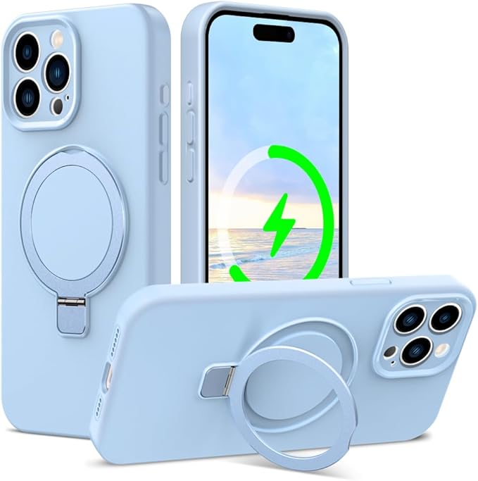 ZHK Liquid Silicone Designed for iPhone 15 pro max Case with Magnet Stand, [Precise Camera Lens Protection][Mil-Grade Drop Shockproof][Soft Anti-Scratch Microfiber Lining] Slim Fit Cover,Baby Blue