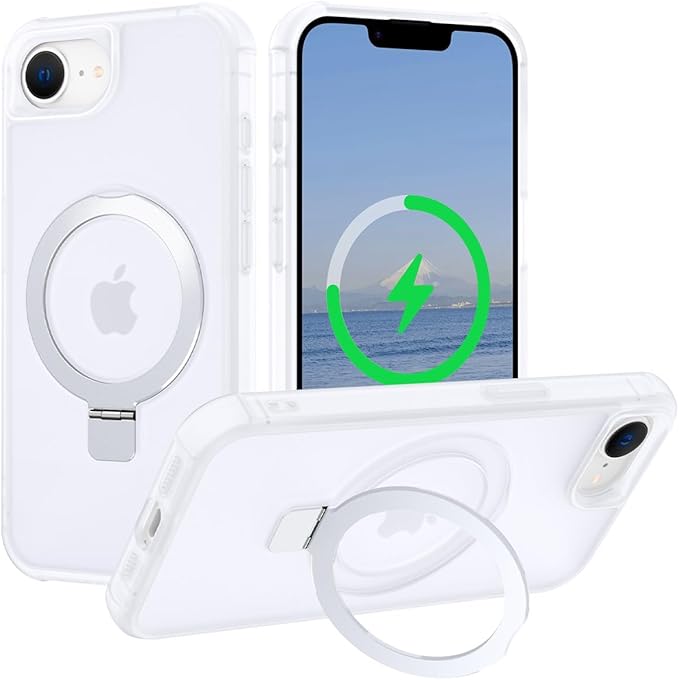 Magnetic Compatible with iPhone 16E Case 2025 with Stand [Military Grade Drop Tested][Compatible with Magnet] Ring Translucent Slim Hard Back Soft Edge, Frost White