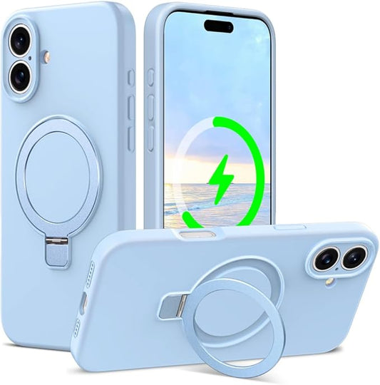 ZHK Liquid Silicone Designed for iPhone 16 Case with Magnet Stand, [Precise Camera Lens Protection][Mil-Grade Drop Shockproof][Soft Anti-Scratch Microfiber Lining] Slim Fit Cover,Baby Blue