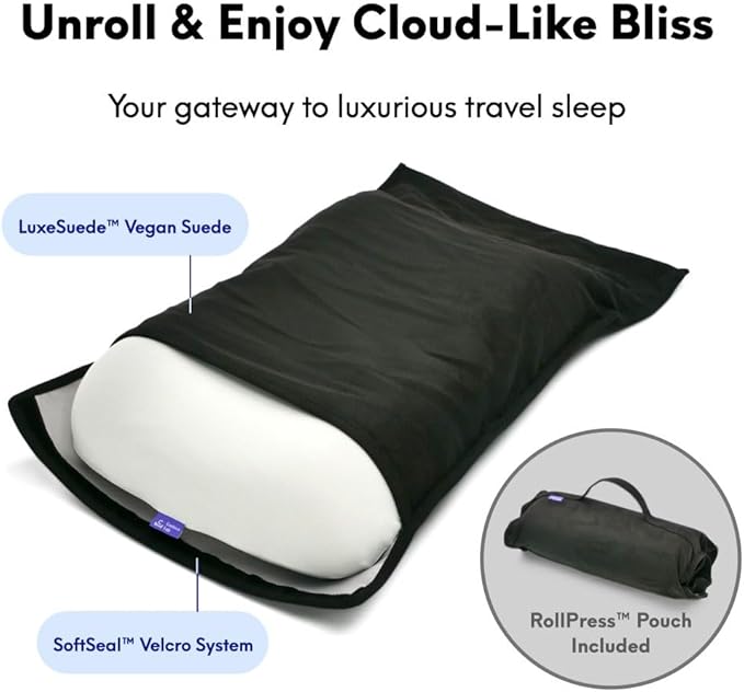 Cushion Lab Travel Deep Sleep Pillow – Compact Memory Foam Neck Pillow for Sleeping, Portable Pillow for Hotels, Camping, Side & Back Sleepers, On-The-Go – Black