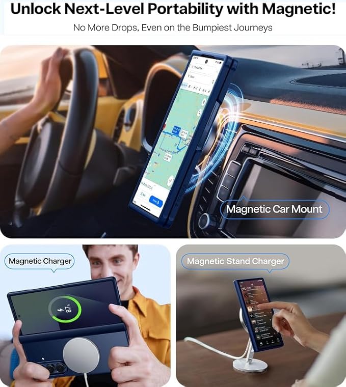 TORRAS Upgraded Magnetic Shockproof for Samsung Galaxy Z Fold 7 Case with Screen Protector, Fit for Magnetic, 4X Military Grade Hinge Protection, Translucent Slim Case for Samsung Z Fold 7, Blue