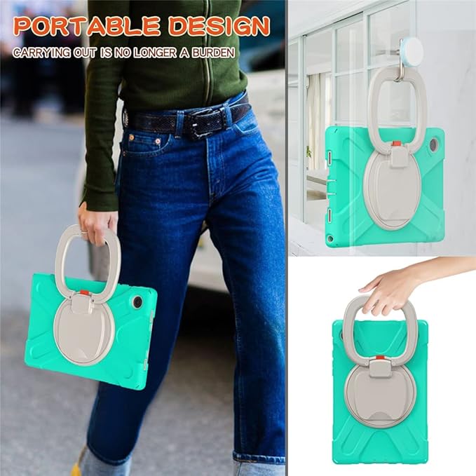 Galaxy Tab A8 10.5" Case 360 Rotation Sturdy Cover Rotate Ring Stand Shoulder Carrying Strap Hand Strap Rugged Children Adults Outdoor Case, MintGreen