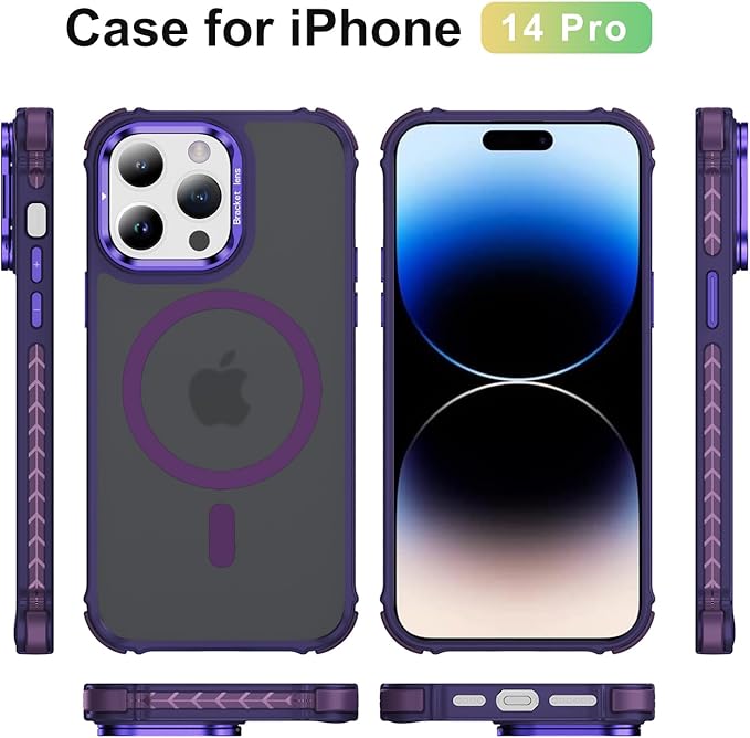 Magnetic for iPhone 14 Pro Case Purple with MagSafe Wireless Charging Heavy Duty Military-Grade Shockproof Protection Adjustable Kickstand Slim Matte Anti-Fingerprint Cover Men Women