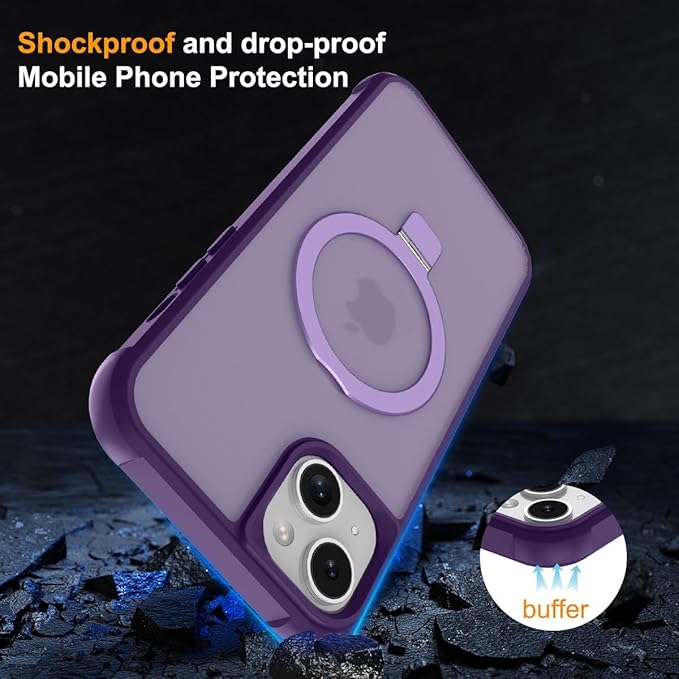 Magnetic Compatible with iPhone 14 Plus Case with Stand [Military Grade Drop Tested][Compatible with Magnet] Ring Translucent Slim Hard Back Soft Edge, Purple