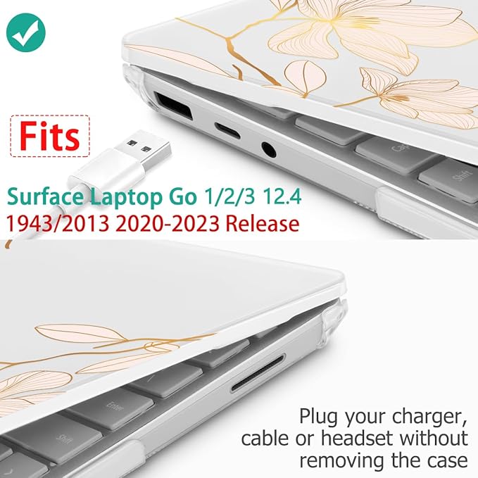 Tuiklol Case for 12.4 Inch Microsoft Surface Laptop Go 3/2 / 1 2023-2020 Releases, Plastic Hard Shell Case with Screen Protector and Keyborad Cover +Dust Plugs Model 2013/1943,Luxury Floral