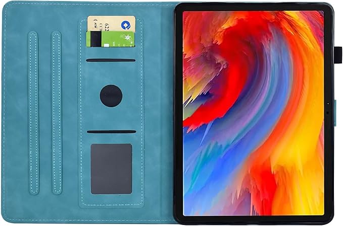 KEROM Case for Samsung Galaxy Tab A9+ Plus 11 Inch 2024 2023 (SM-X210/X216/X218), Embossed Suede Leather Folio Stand Cover with Auto Wake/Sleep & Card Slot & Pen Holder - Blue Bird Flower Embossing