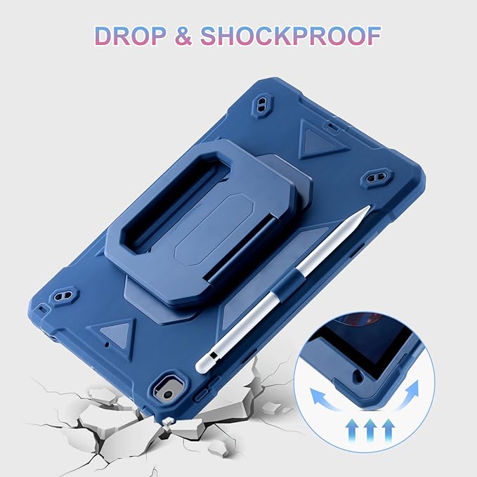 for iPad 9th/ 8th/ 7th Generation Case (iPad 10.2 inch Shockproof Case) with 360 Rotating Grip Magic Stand, Pencil Holder/Keychain/Carrying Shoulder Strap for iPad 10.2 inch (Navy Blue)