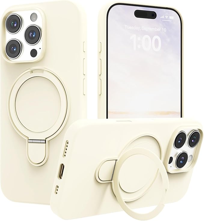 Magnetic Stand for iPhone16 Pro Case with Kickstand 【Lab-Certified Protection】【Not Yellowing】【Anti-Fingerprint】 Durable, Enhanced Grip, Slim，Antique White，iPhone 16 Pro 6.3"