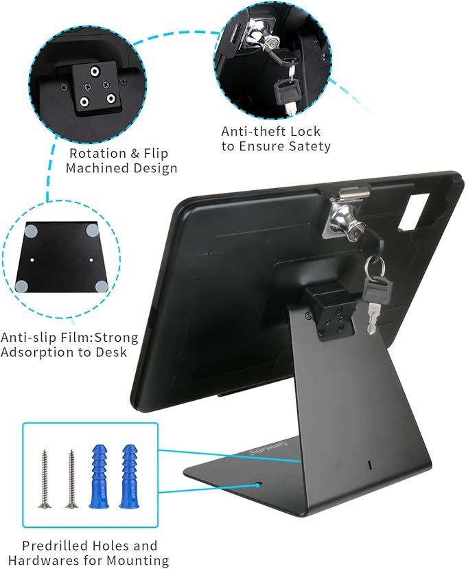 Desktop Anti-Theft Security Kiosk POS Stand Holder Enclosure for 2025 iPad 11" (A16) 11th / 10.9" 2022 iPad 10th, Flip & Rotate