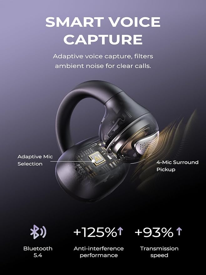 Open Ear Earbuds, Bluetooth 5.4 AI Music Generator Bone Conduction Clip On Headphones with 4 Mics Clear Calls, Ultra-Light 5.7g Comfort, 30H Hi-Fi Stereo Playtime, IPX6 Fit Sports, Black