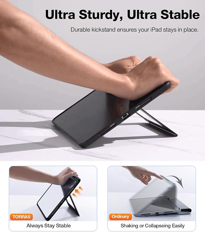 TORRAS for iPad Air 11 inch Case (M3 2025, M2 2024), iPad Air 5th, 4th Generation Case, Ultra Stable Stand, Multiple Adjustable Viewing Angles, Protective Kickstand Cover with Pencil Holder, Black