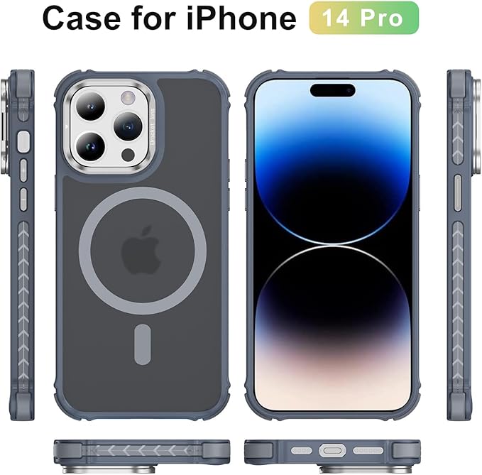 Magnetic for iPhone 14 Pro Case Gray with MagSafe Wireless Charging Heavy Duty Military-Grade Shockproof Protection Adjustable Kickstand Slim Matte Anti-Fingerprint Cover Men Women