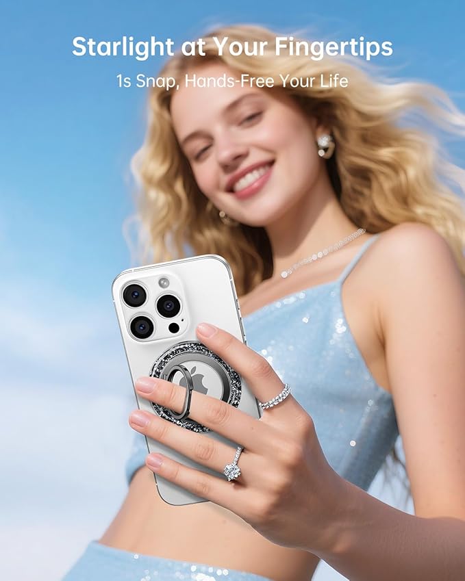 SYNCWIRE Magnetic Phone Ring Holder for MagSafe - Glitter Phone Grip Stand with 360° Rotation & Reinforced Hinge, Compatible with iPhone 16 15 14 13 Pro Max Plus MagSafe Accessories - Glitter Black