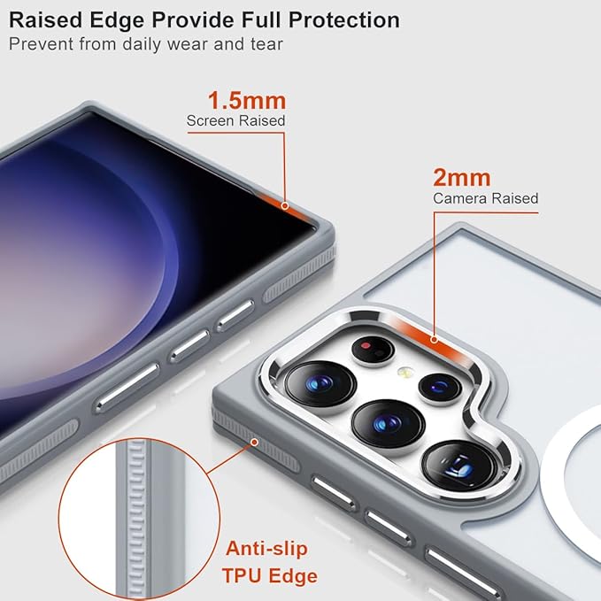 for Samsung Galaxy S24 Ultra Case, Magnetic Cover Compatible with Magsafe, Metal Camera Frame, Drop Protection Silky Translucent Phone Case for Galaxy S24 Ultra (Grey/White)