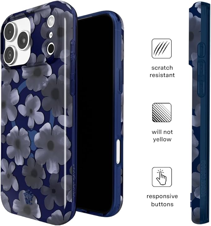 VELVET CAVIAR Case for iPhone 17 Pro Max | Compatible with MagSafe | 10ft Drop Tested | Protective Designer Cases | Midnight Blossom Blue Flowers