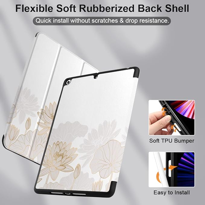 DONGKE Case Compatible with iPad 10.2 Inch 2021 2020 2019 iPad 9th/8th/7th Generation with Pencil Holder, Slim Stand Protective Case with Soft TPU Back, Auto Sleep/Wake Cover, Gold Lotus