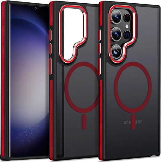 for Samsung Galaxy S24 Ultra Case, Magnetic Phone Case Compatible with Magsafe, Anti-Slip Drop Protection Silky Translucent Back Cover for Galaxy S24 Ultra (Black/Red)